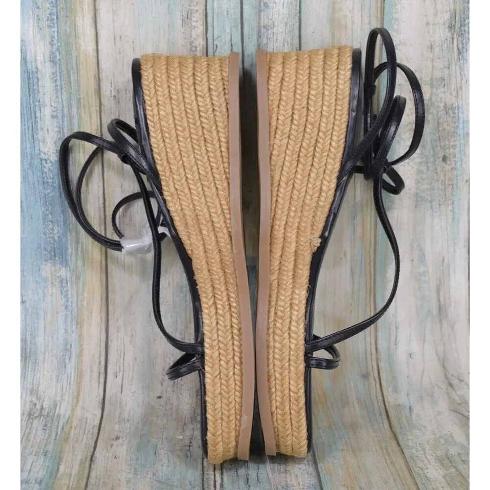 Nine West Alexx Wedge Sandals Size 9 Black Espadrille Ankle Strap Wedges